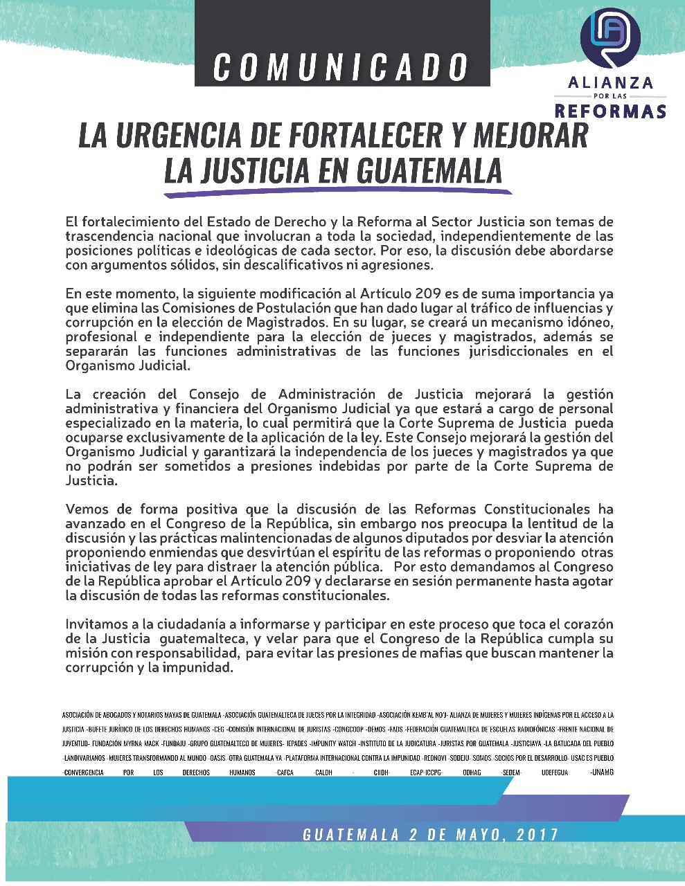 Comunicado: la urgencia de fortalecer y mejorar la justicia en Guatemala
