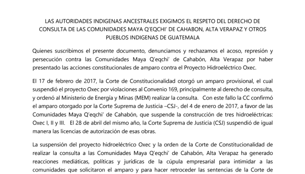 Comunicado: Autoridades Ancestrales respaldan a Cahabón Alta Verapaz